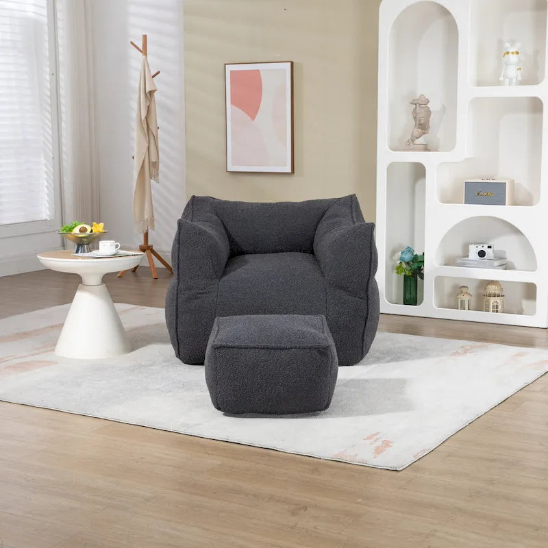 Poltrona sacco quadrata senza braccioli imbottita in Bouclé con pouf, seduta profonda