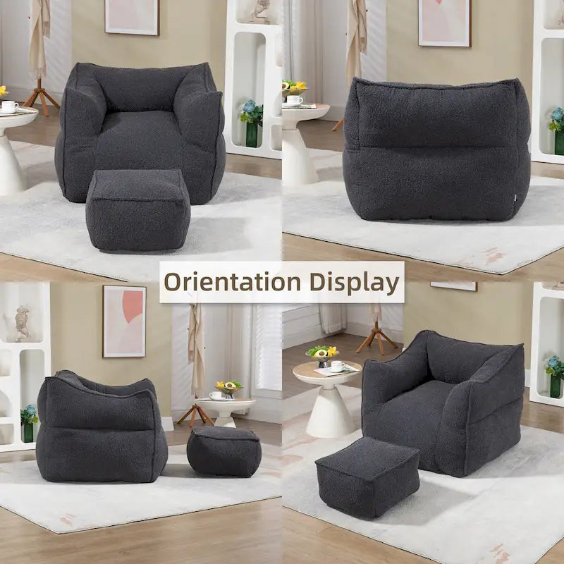 Poltrona sacco quadrata senza braccioli imbottita in Bouclé con pouf, seduta profonda