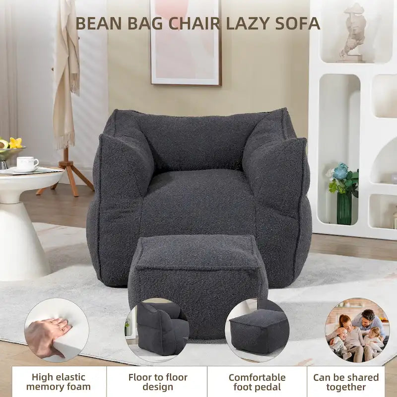 Poltrona sacco quadrata senza braccioli imbottita in Bouclé con pouf, seduta profonda