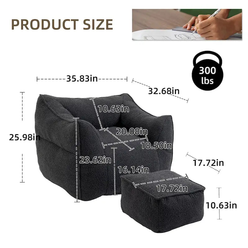 Poltrona sacco quadrata senza braccioli imbottita in Bouclé con pouf, seduta profonda