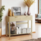 Tavolo Consolle in Rattan Stile Fattoria, Tavoli da Divano da 39 Pollici, Tavolo da Ingresso Stretto Rustico Boho in Legno con Cassetti e Ripiano Portaoggetti
