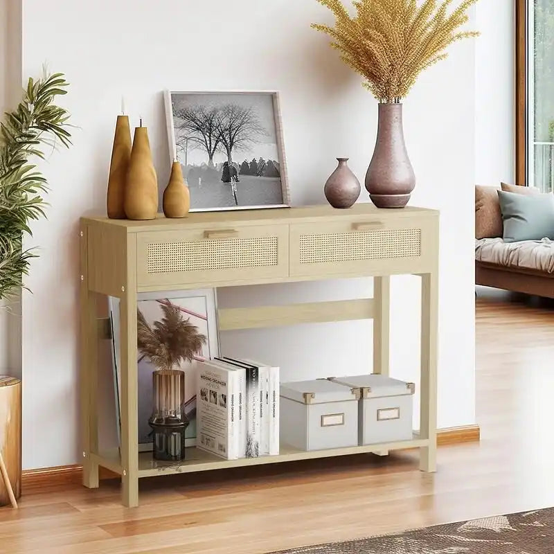 Tavolo Consolle in Rattan Stile Fattoria, Tavoli da Divano da 39 Pollici, Tavolo da Ingresso Stretto Rustico Boho in Legno con Cassetti e Ripiano Portaoggetti