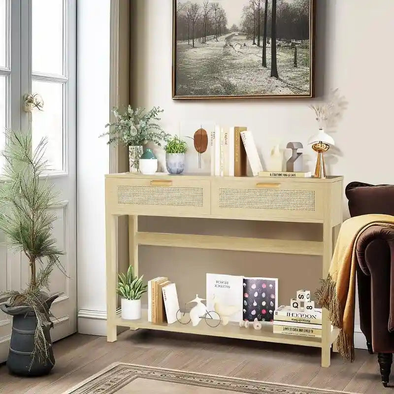 Tavolo Consolle in Rattan Stile Fattoria, Tavoli da Divano da 39 Pollici, Tavolo da Ingresso Stretto Rustico Boho in Legno con Cassetti e Ripiano Portaoggetti
