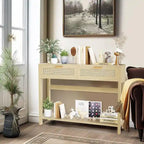 Tavolo Consolle in Rattan Stile Fattoria, Tavoli da Divano da 39 Pollici, Tavolo da Ingresso Stretto Rustico Boho in Legno con Cassetti e Ripiano Portaoggetti