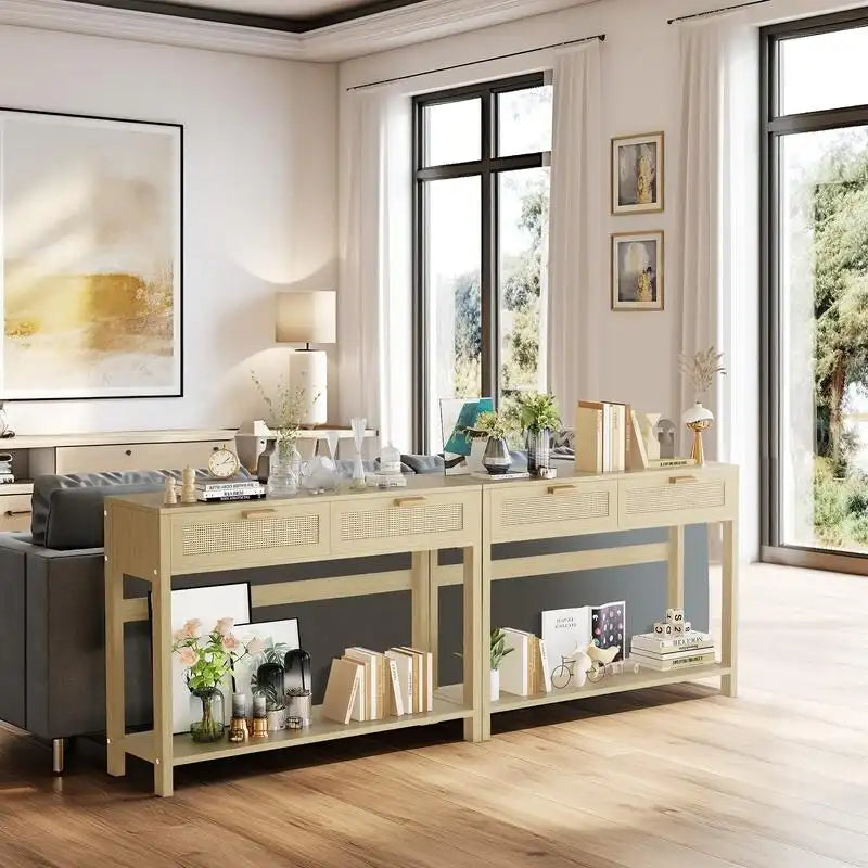 Tavolo Consolle in Rattan Stile Fattoria, Tavoli da Divano da 39 Pollici, Tavolo da Ingresso Stretto Rustico Boho in Legno con Cassetti e Ripiano Portaoggetti