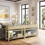 Tavolo Consolle in Rattan Stile Fattoria, Tavoli da Divano da 39 Pollici, Tavolo da Ingresso Stretto Rustico Boho in Legno con Cassetti e Ripiano Portaoggetti