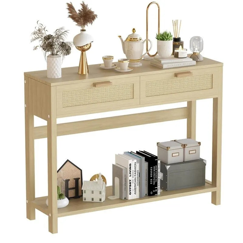 Tavolo Consolle in Rattan Stile Fattoria, Tavoli da Divano da 39 Pollici, Tavolo da Ingresso Stretto Rustico Boho in Legno con Cassetti e Ripiano Portaoggetti