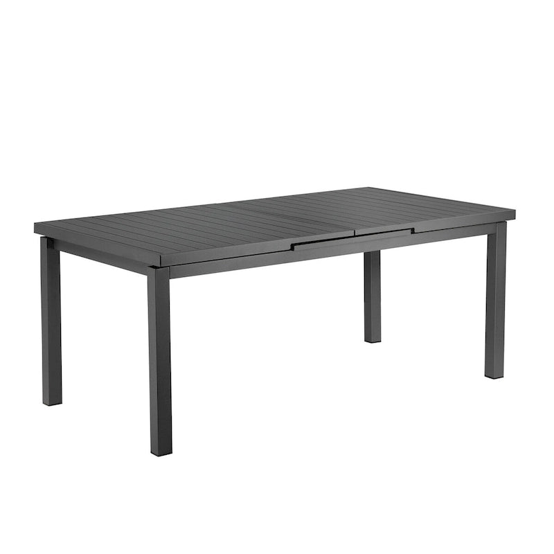 Tavolo da pranzo allungabile da 95 pollici, struttura in alluminio grigio, piano stile doghe