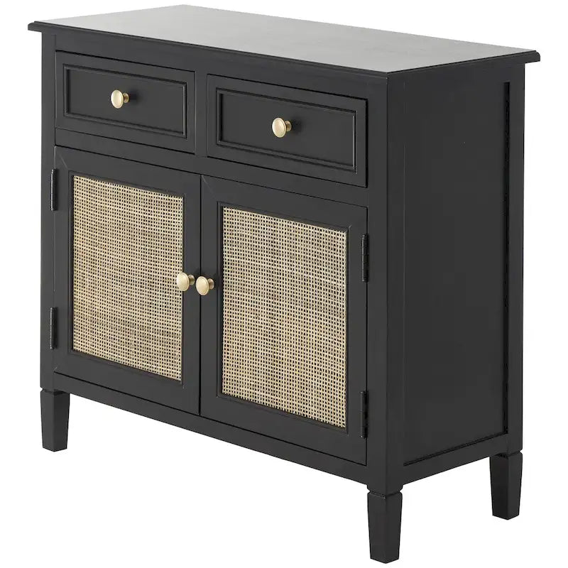 Armadio in legno con 2 cassetti e 2 ante con frontale in rattan - Nero