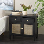 Armadio in legno con 2 cassetti e 2 ante con frontale in rattan - Nero