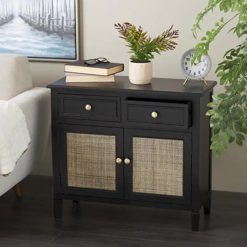 Armadio in legno con 2 cassetti e 2 ante con frontale in rattan - Nero