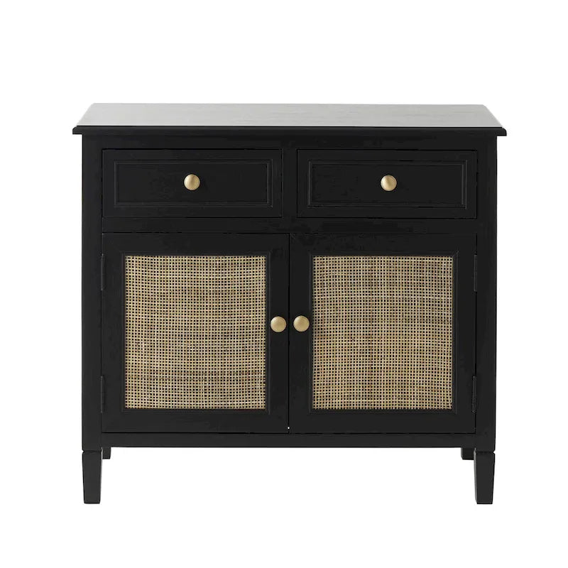 Armadio in legno con 2 cassetti e 2 ante con frontale in rattan - Nero