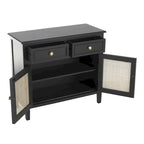 Armadio in legno con 2 cassetti e 2 ante con frontale in rattan - Nero