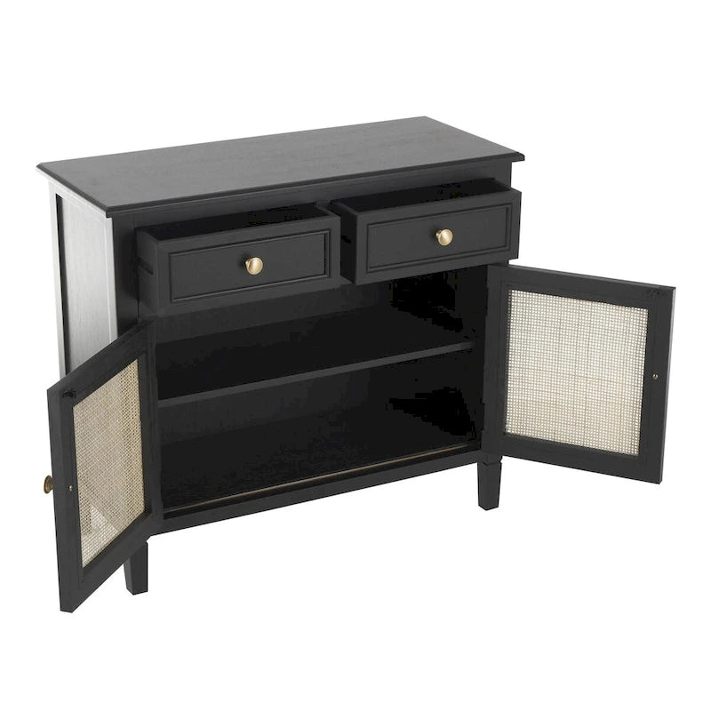 Armadio in legno con 2 cassetti e 2 ante con frontale in rattan - Nero